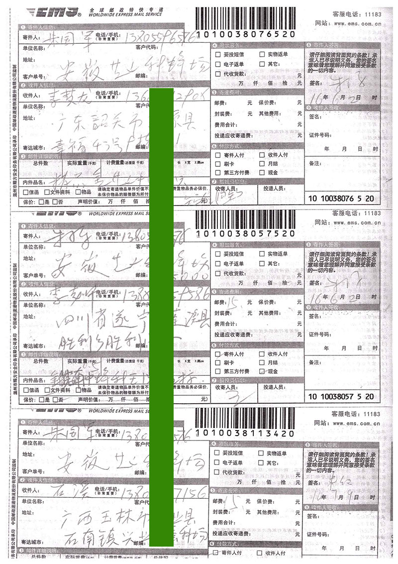 2016-2018年部分蜂友邮寄的中、西种蜂王的EMS详情单